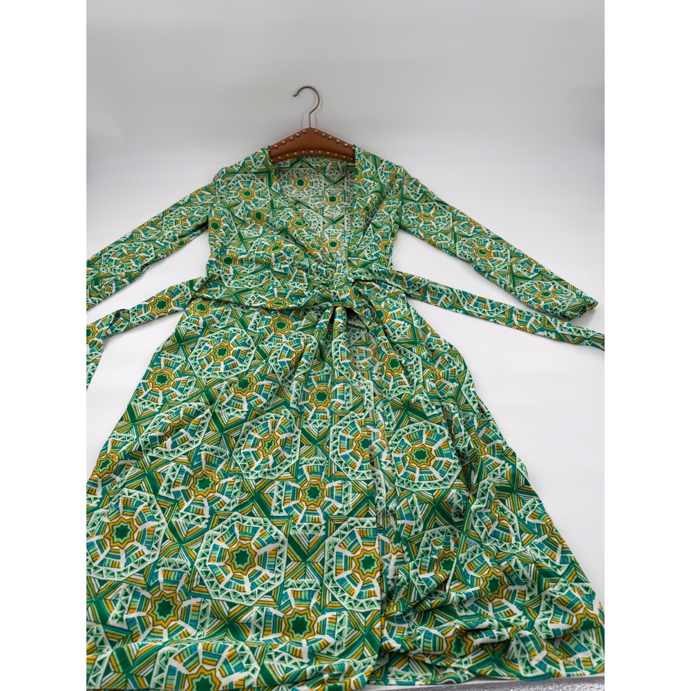 Robert David Morton Vintage Geometric Wrap Dress Green Yellow Long Sleeve Midi
